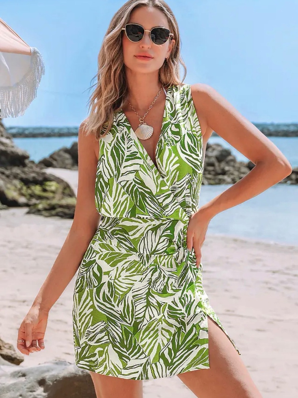 Cupshe ~ Green & White Leaf-Print Sleeveless Coverup Dress - Large NWT